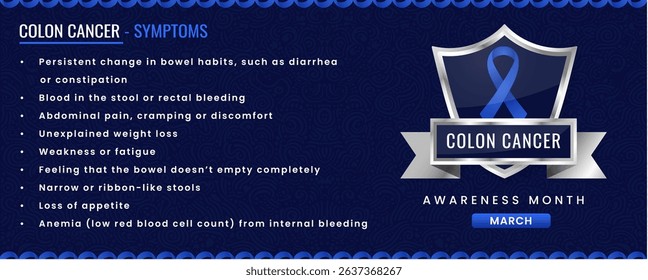 Colon Cancer ribbon with Symptoms, Shield Design with Pattern Based Background.