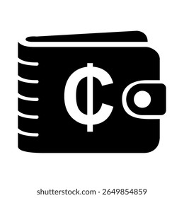 Símbolo de dois pontos em um ícone de carteira preta, design simples plano para finanças e economia da Costa Rica ou de El Salvador, isolado em um fundo branco.