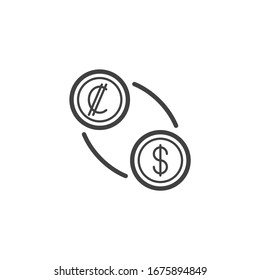 Colon and dollar exchange line icon. linear style sign for mobile concept and web design. US dollar with Costa rica currency outline vector icon. Symbol, logo illustration. Vector graphics