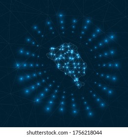 Mapa digital de la isla de Colón. Rayos brillantes irradiando desde la isla. Conexiones de red y diseño de telecomunicaciones. Ilustración vectorial.