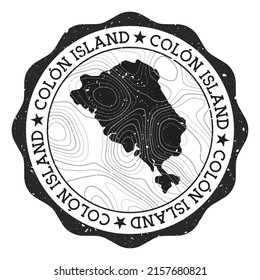 Colon Island outdoor stamp. Round sticker with map with topographic isolines. Vector illustration. Can be used as insignia, logotype, label, sticker or badge of the Colon Island.