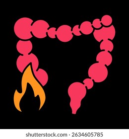 Colon pain icon. Inflamed digestive tract with fire symbol indicates bowel disorder, gastrointestinal inflammation, or intestinal disease like colitis.