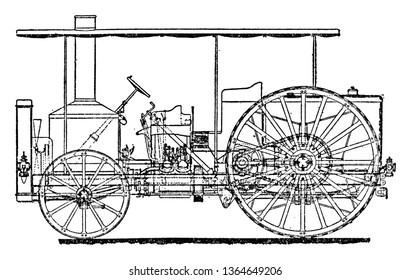 El coronel Crompton Supercalentado Steam Tractor donde la caldera situada en la parte delantera calienta el agua, luego el vapor entra en el pistón cerca de la rueda trasera, el dibujo de la línea vintage o la ilustración de grabado.
