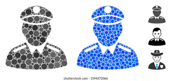Colonel mosaic of circle elements in variable sizes and color hues, based on colonel icon. Vector circle elements are composed into blue collage. Dotted colonel icon in usual and blue versions.