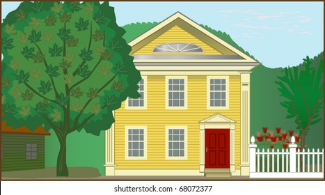 Colonial House - Detailed illustration of 1700s Colonial house in rural setting