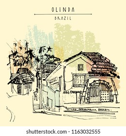 A colonial house Olinda, Brazil, South America. Hand drawn vintage postcard. Vector illustration