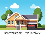 Colonial neo classical architecture style mansion cottage building. Suburban house with car garage. Flat style vector illustration isolated on blue background.