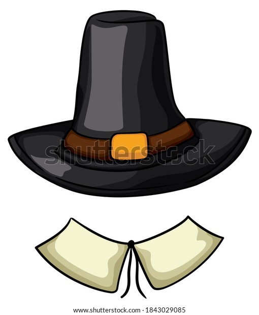 Colonial pilgrim costume with\
traditional dark hat with belt, buckle and collar with\
cord.