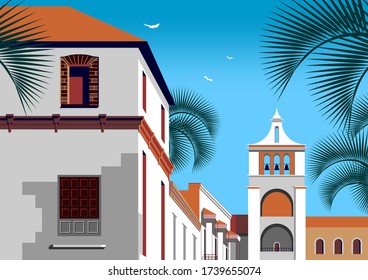 Colonial spanish style street with historic buildings and a church with a bell tower in the background. Handmade drawing vector illustration. Retro style poster.