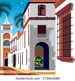 Colonial spanish style street with historic buildings and a church with a bell tower in the background. Handmade drawing vector illustration. Retro style poster.