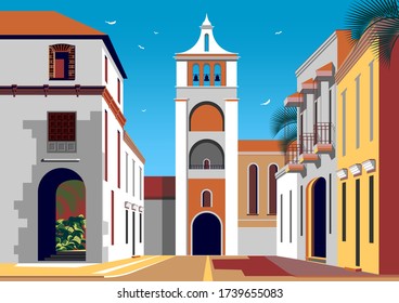 Calle de estilo colonial español con edificios históricos y una iglesia con campanario al fondo. Ilustración de vector de dibujo hecha a mano. Afiche de estilo retro.