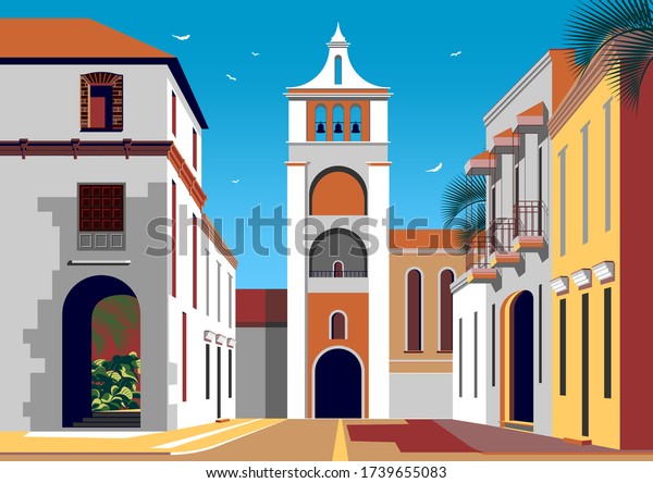 Colonial spanish style street with\
historic buildings and a church with a bell tower in the\
background. Handmade drawing vector illustration. Retro style\
poster.