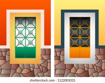 Colonial window vector illustration set, colorful rustic stone frame