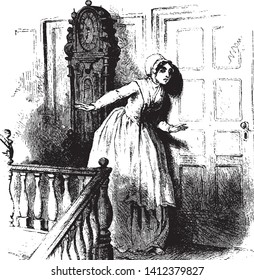 A colonial woman listening through door, vintage line drawing or engraving illustration