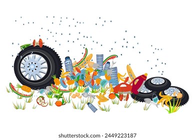 Colonies of flies fly over leftover food on the ground. Stack unsorted trash in grass. Rotting rubbish in land and flies flying around. Environment. Rubbish smells and started to decompose. Vector