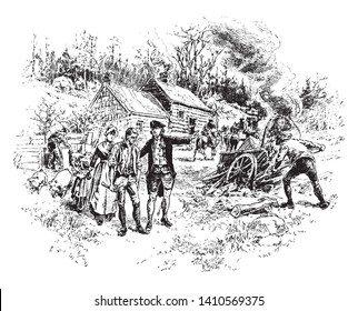 The Colonists in a panic because the English army is close by,vintage line drawing or engraving illustration.