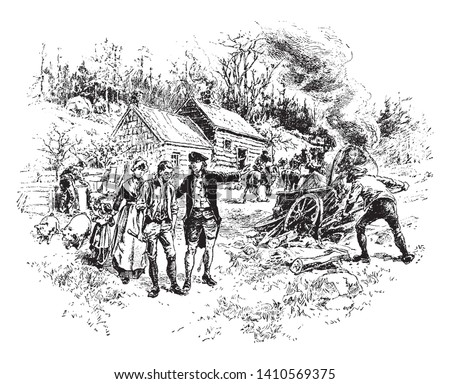 The Colonists in a panic because the English army is close by,vintage line drawing or engraving illustration.