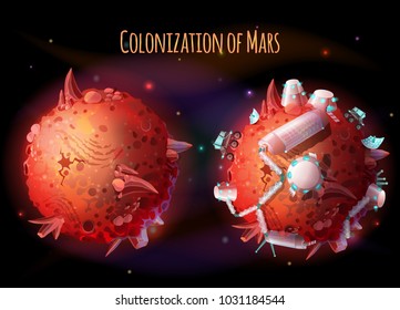 Colonization, exploration and terraforming of Mars, vector concept illustration. Futuristic landscape with two red planets, one lifeless, with mountains and craters, another with space base for humans