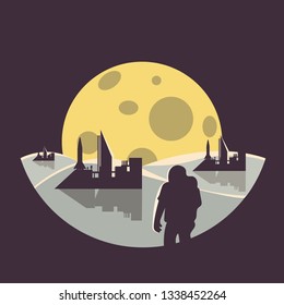 colonization futuristic landscape with colony base ,astronaut and moon.flat design
