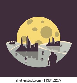 colonization futuristic landscape with colony base ,astronaut and moon.flat design