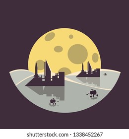 colonization futuristic landscape with colony base,rover and moon.flat design
