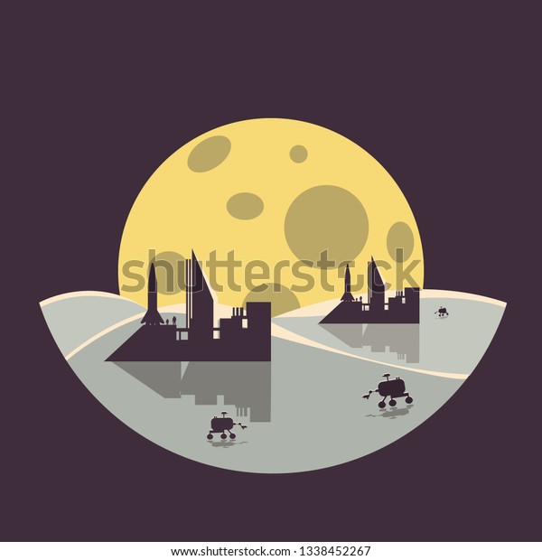 colonization futuristic landscape with colony\
base,rover and moon.flat\
design