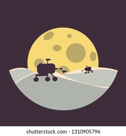 colonization futuristic landscape with rover and moon. flat design