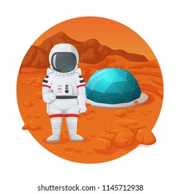 Colonization of mars. Astronaut making thumbs up gesture standing on the mars surface near settlement with protective dome. Vector illustration. Rocks and mountains on the background.