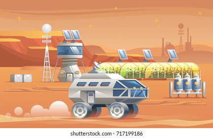 Colonization of Mars. Base Camp. Residential compartments with greenhouses and rover. Vector illustration