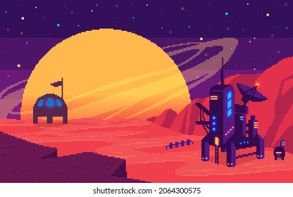 Kolonisation des Mars Kosmische Landschaft der Planeten. Pixel-Kunsthintergrund. Vektorgrafik.