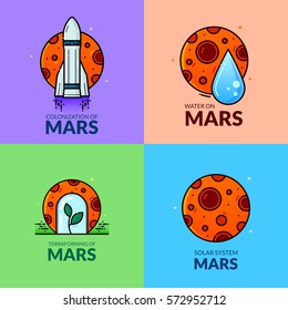 Colonization of Mars, line art concept design, red planet vector illustration