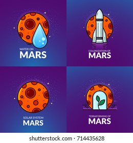 Colonization of Mars, line art concept design, red planet vector illustration