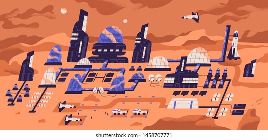 Colonization of Mars. Panoramic view of human settlement, habitat or space expedition base with modern buildings, structures and landed spacecrafts on planet surface. Flat cartoon vector illustration.