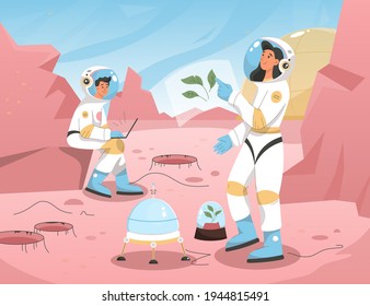 Kolonisierungsmission der Mars-Szene. Astronautin, die Pflanzen anbaut und studiert. Männlicher Kosmonaut, der sich in der Forschung engagiert und wissenschaftliche Berichte erstellt. Astronautik. Vektorgrafik-Zeichenillustration