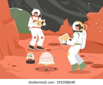 Colonization mission of Mars scene. Female astronauts doing research, scientific reports. Scientists studying plants, work at laptop, read book. Women in Astronautics. Vector character illustration