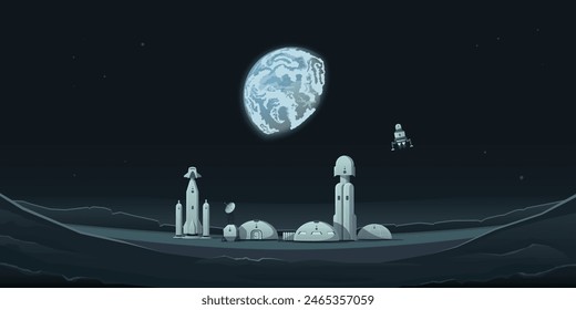 Colonization of the moon. Panorama of the lunar landscape, lunar crater and space base. Modular habitable buildings, communication station, rocket. View of planet Earth from the surface of the moon.