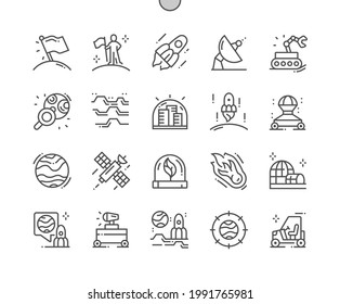 Colonization. Place of settlement. Space rocket, moonwalker and comet. Colonization city. Space satellite. Pixel Perfect Vector Thin Line Icons. Simple Minimal Pictogram