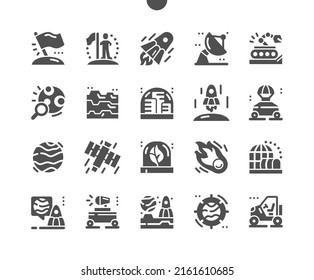 Colonization. Place of settlement. Space rocket, moonwalker and comet. Colonization city. Space satellite. Vector Solid Icons. Simple Pictogram