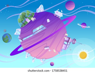 Colonización del planeta, exploración y terraformación del satélite terrestre, ilustración vectorial. Paisaje futurista con planetas, astronautas, base espacial para humanos, vegetación bajo cúpula y nave espacial.