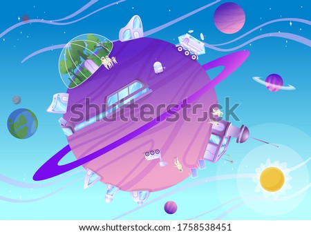 Colonization of planet, exploration and terraforming of earth satellite, vector illustration. Futuristic landscape with planets, astronaut, space base for humans, greenery under dome and spaceship.