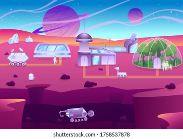 Colonization of planet, people explore new planet, space shuttles, sience stations vector illustration. Futuristic landscape, astronaut colonizers, base for humans, buildings and soil exploration.