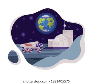 Colonization of Planet Scene, Space Rover and Science Station, Cosmos Industry Exploration Concept Themed Vector Illustration Background