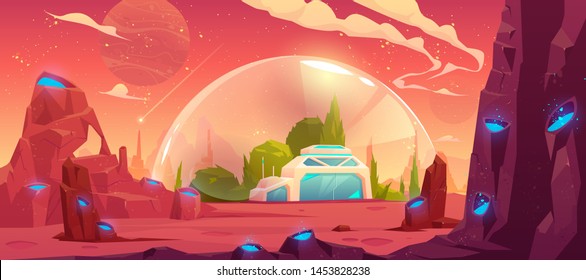 Colonization Of Planet, Space Station, Bunker, Scientific Laboratory Building Under Transparent Spherical Dome On Alien Fantasy Craters Landscape Background, Computer Game, Cartoon Vector Illustration