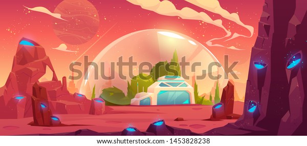 宇宙人のファンタジークレーターの風景の背景 に透明な球状ドームの下に地球 宇宙ステーション バンカー 科学研究所のビル コンピューターゲーム 漫画のベクターイラストを植民化 のベクター画像素材 ロイヤリティフリー