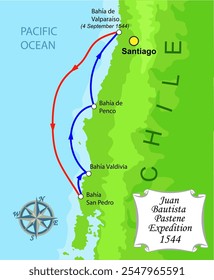 Colonização da América do Sul. Mapa da expedição ao Chile. Ilustração de formação de vetores