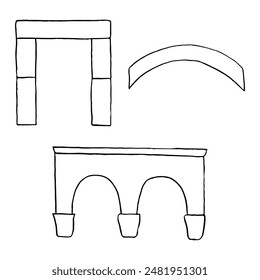 Colonnade and antique stone arches from Ancient Greece and the Roman Empire vector illustration set. Black and white line architectural elements in simple flat style