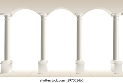 Colonnade con arcos en fondo blanco, ilustración vectorial