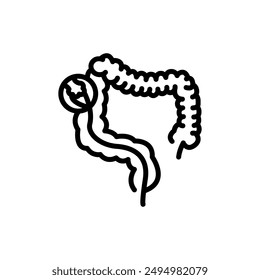 Icono de línea negra de colonoscopia. Operaciones en la cavidad abdominal. Vector elemento aislado. 