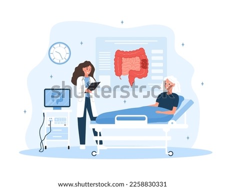 Colonoscopy concept. Female proctologist examine intestine. Elderly woman is being examined in hospital. Vector illustration in flat cartoon style. Colon health. Prevention of cancer.