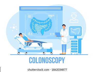 Colonoscopy concept vector for medical web. app. blog. Intestine doctors examine, treat dysbiosis. Tiny therapist of proctology make colonoscopy. Proctologist working.